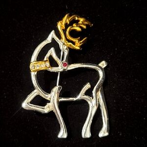 Vtg Silver & Gold Tone Prancing  Reindeer Brooch With Red & Clear Rhinestones